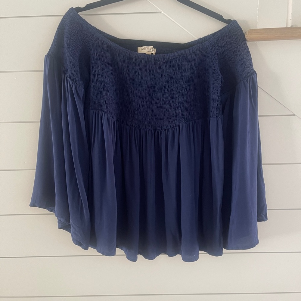 NEW, Navy Blue, Smocked- Off shoulder Top With Bell Sleeves, Size Large